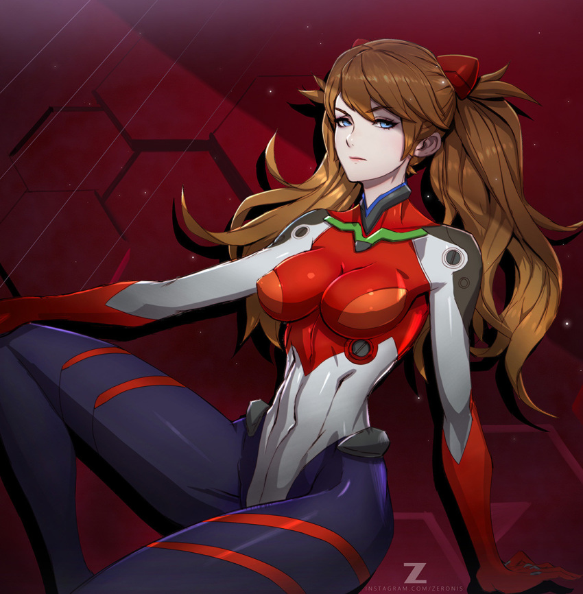 1girl arm_support artist_name banned_artist blue_eyes breasts brown_hair covered_navel groin_tendon long_hair looking_at_viewer medium_breasts neon_genesis_evangelion patreon_username paul_kwon plugsuit simple_background solo souryuu_asuka_langley watermark web_address