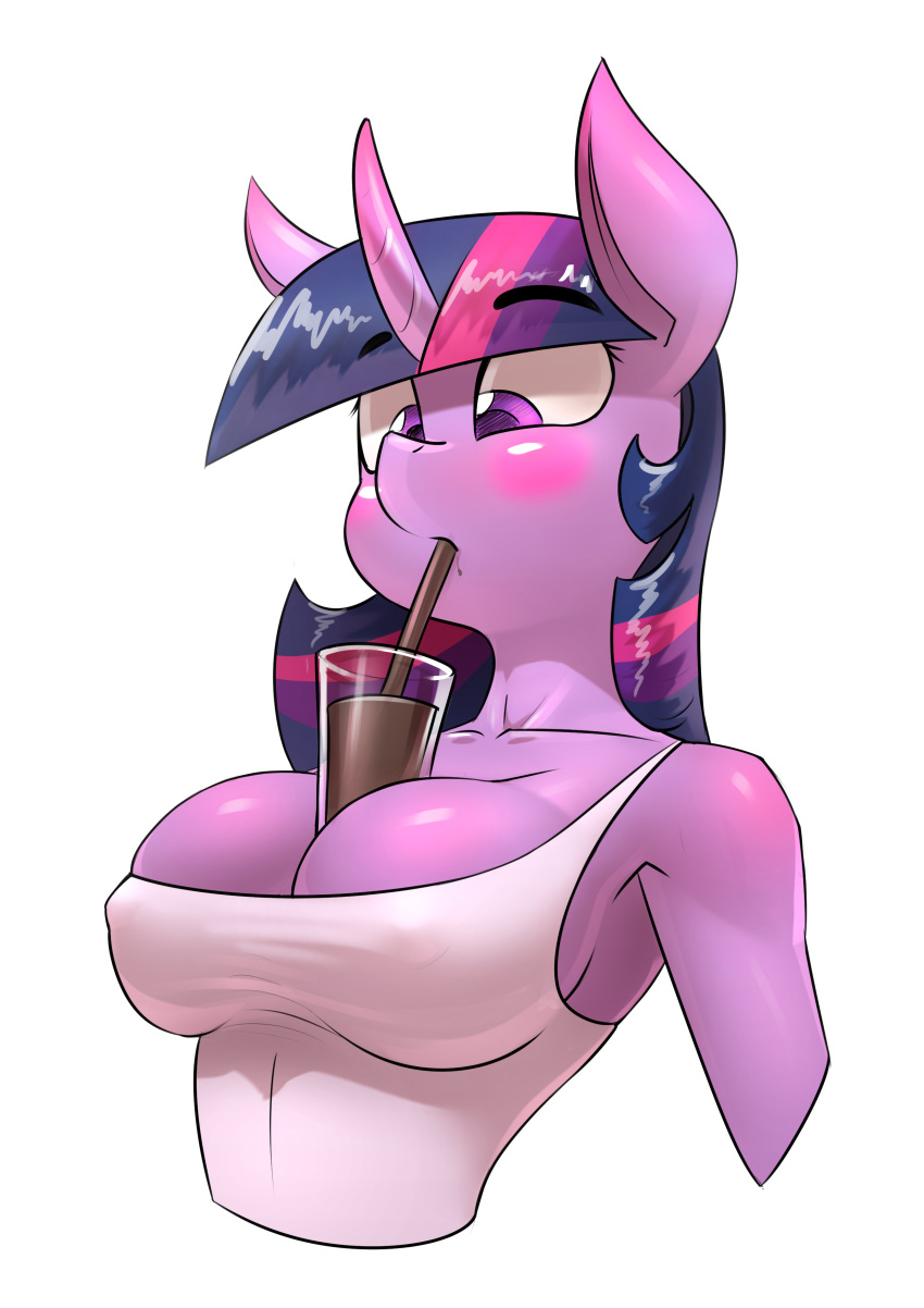 2019 absurd_res anthro big_breasts blush breasts chocolate_milk cleavage clothed clothing equid friendship_is_magic glass_tumbler hair hands-free_bubble_tea hi_res horn mammal meme my_little_pony nipple_outline portrait purple_eyes purple_hair solo straw twilight_sparkle_(mlp) underpable unicorn
