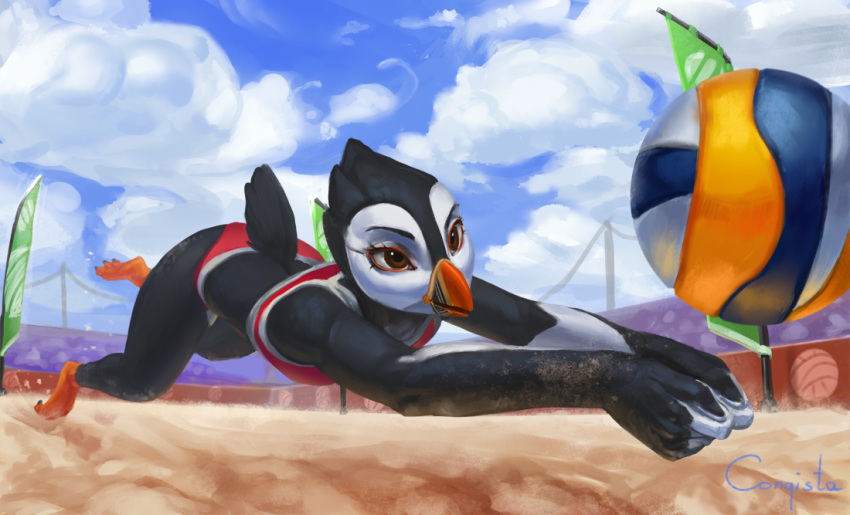 alcid anthro avian beach beak bird clothed clothing cloud conqista female lari outside pearl_(boolean) puffin seaside solo sport volleyball