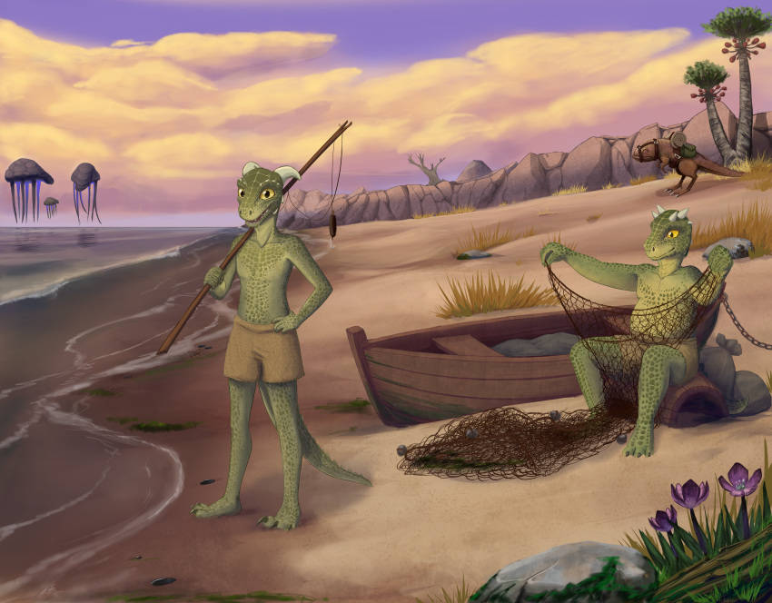 absurd_res ambiguous_gender argonian bethesda_softworks bottomwear child clothing duo_focus group guar hi_res male morrowind netch scalie shorts swimming swimming_trunks swimwear the_elder_scrolls ultear video_games young