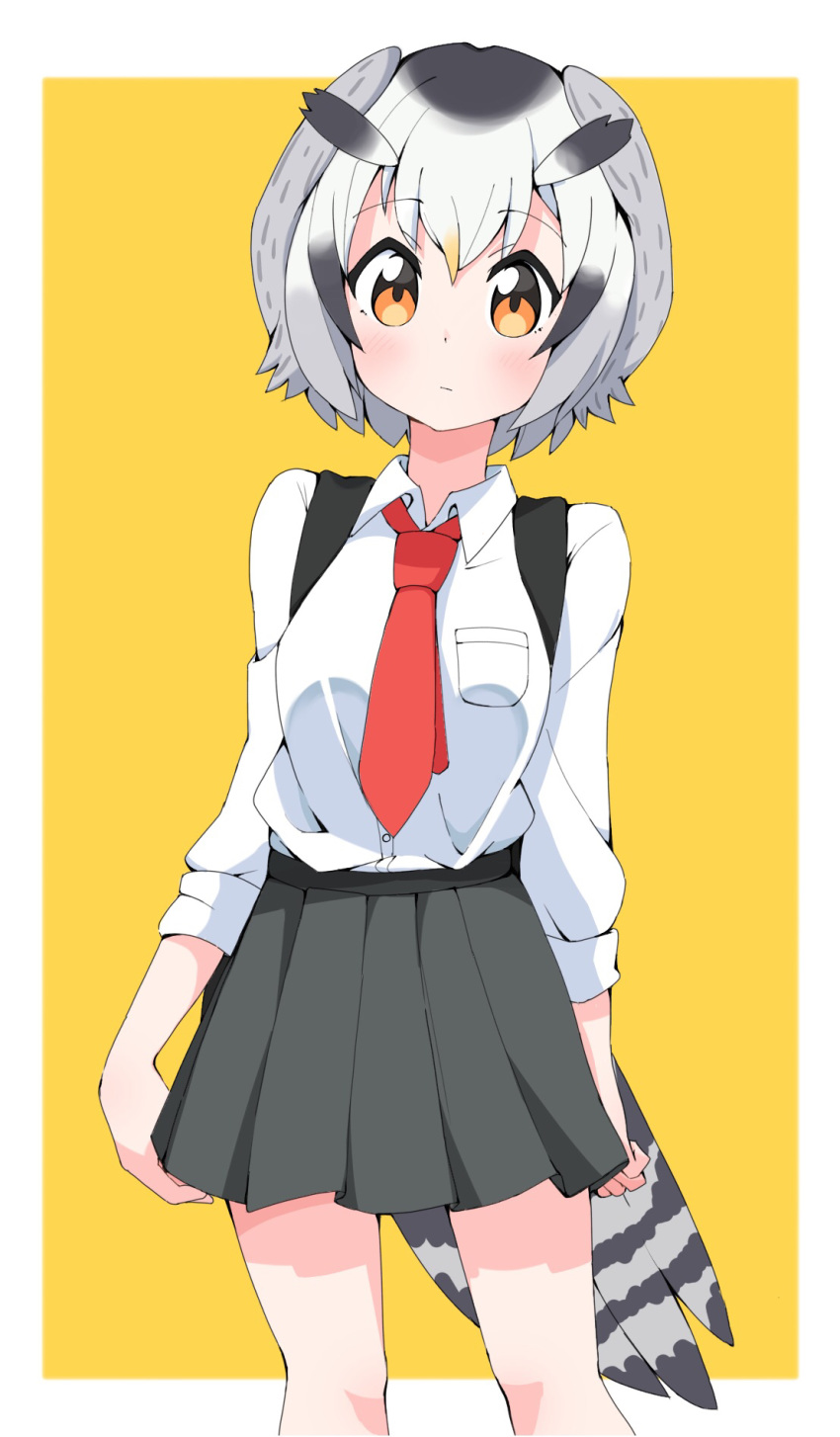 1girl alternate_costume arms_at_sides backpack bag black_hair black_skirt blonde_hair blush breasts brown_eyes closed_mouth collared_shirt expressionless eyebrows_visible_through_hair grey_hair highres kemono_friends long_sleeves looking_at_viewer medium_breasts multicolored_hair necktie northern_white-faced_owl_(kemono_friends) red_neckwear school_uniform shirt short_hair skirt solo user_cpfg3235 white_hair white_shirt yellow_background