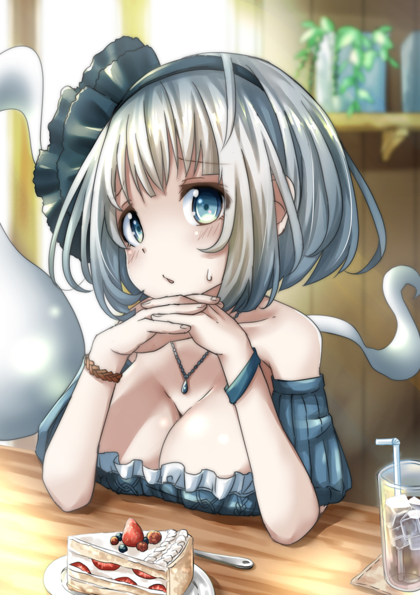 1girl bangs bare_shoulders bendy_straw black_hairband black_ribbon blue_eyes blunt_bangs blush bracelet breasts cake cleavage collarbone commentary_request cup day dress drink drinking_glass drinking_straw eyebrows_visible_through_hair food fork frilled_dress frills fruit green_dress green_eyes hairband hands_together highres hitodama ice ice_cube indoors jewelry konpaku_youmu konpaku_youmu_(ghost) large_breasts looking_at_viewer necklace own_hands_together parted_lips pegashi plant plate potted_plant ribbon silver_hair sitting slice_of_cake solo strapless strapless_dress strawberry table touhou