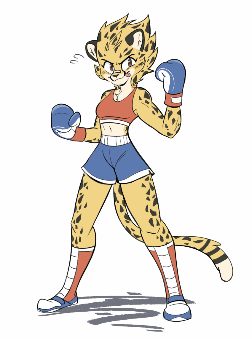 2019 anthro ash_(yeahbeezii) athletic band-aid bandage beezii boots bottomwear boxing boxing_gloves bra cheek_tuft cheetah clothing eyebrows felid feline female footwear fur handwear hi_res inner_ear_fluff mammal red_eyes shorts simple_background smile solo sport sports_bra spots spotted_fur standing tongue tongue_out tuft underwear white_background