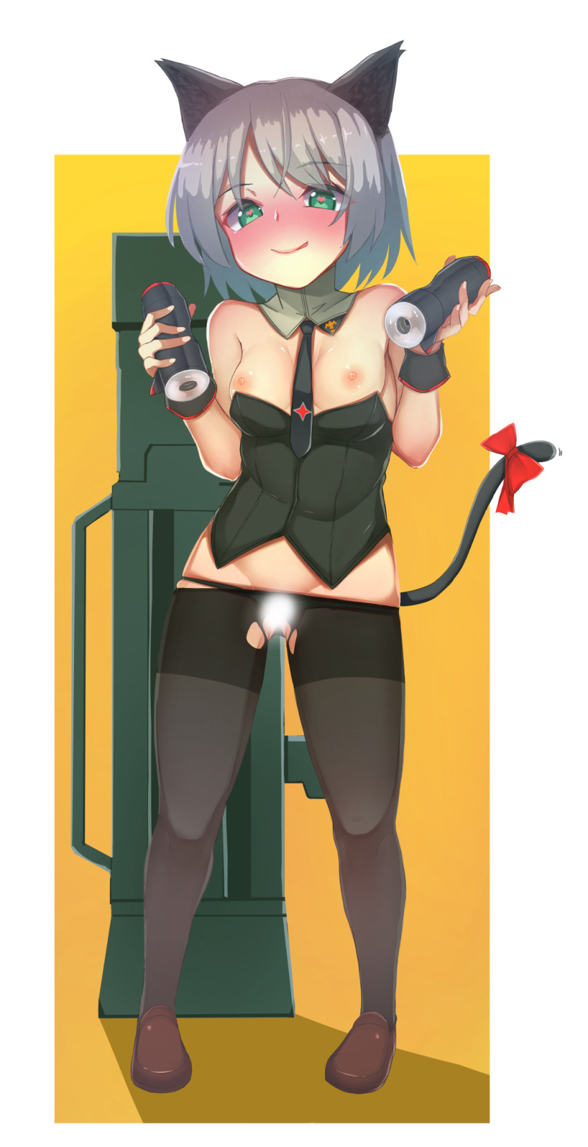 1girl :p animal_ears artificial_vagina bangs bare_arms bare_shoulders between_breasts black_legwear blush breasts cat_ears cat_girl cat_tail censored cleavage closed_mouth collarbone eyebrows_visible_through_hair falsche.shido full_body green_eyes heart heart_in_eye highres holding licking_lips looking_at_viewer naughty_face navel necktie necktie_between_breasts nipples pantyhose pointy_ears rocket_launcher sanya_v_litvyak shirtless shoes short_hair simple_background sleeveless smile solo standing strike_witches striker_unit symbol_in_eye tail tongue tongue_out torn_clothes torn_legwear weapon white_hair world_witches_series