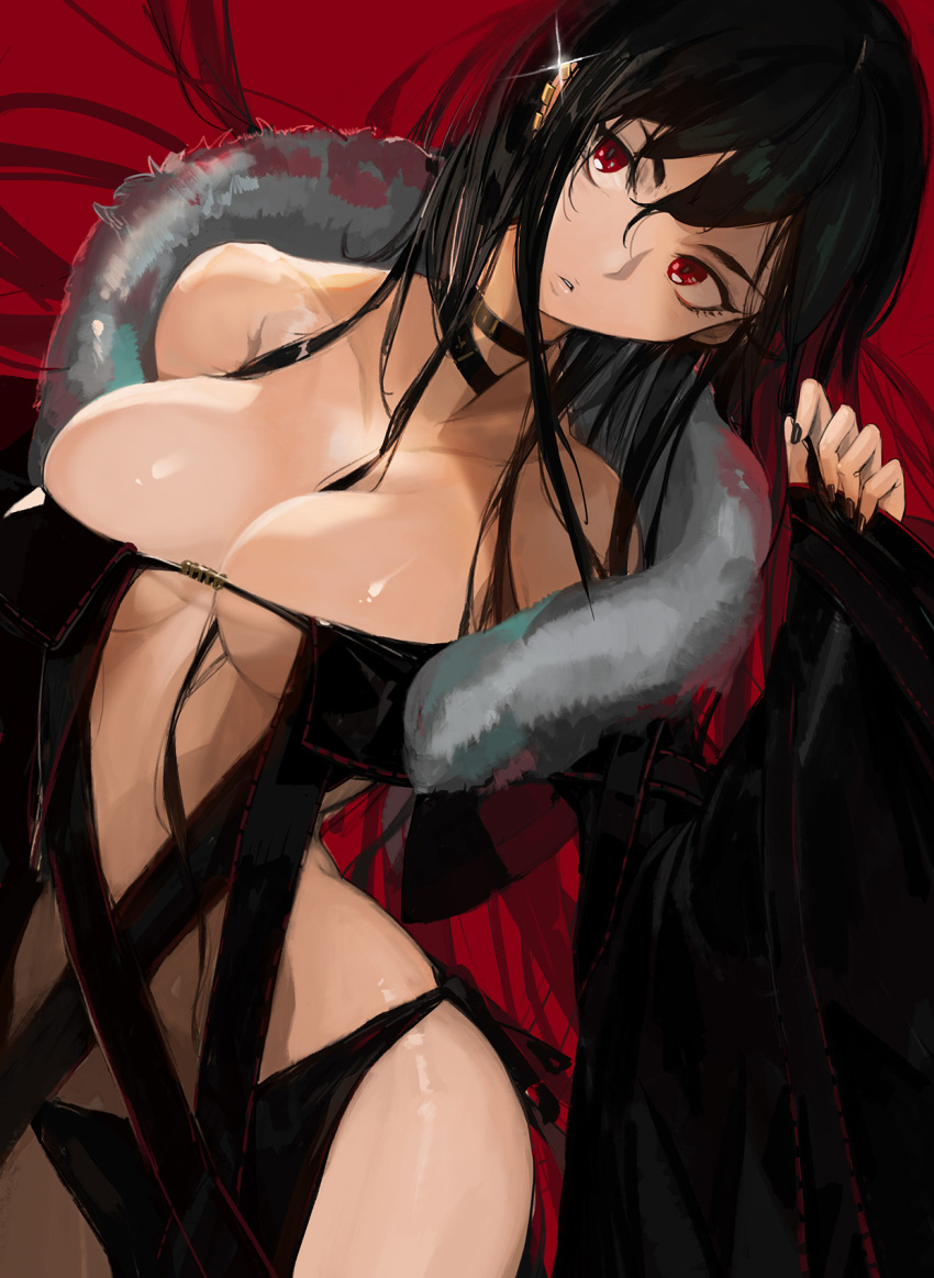 bamuth black_choker black_hair breasts center_opening choker cleavage consort_yu_(fate) ear_piercing earrings fate/grand_order fate_(series) fur-trimmed_jacket fur_collar fur_trim hair_between_breasts highres jacket jewelry long_hair multiple_earrings piercing red_eyes revealing_clothes strapless very_long_hair