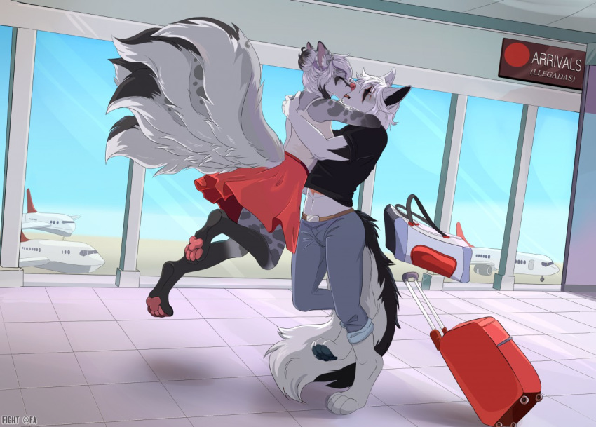 2019 4_toes 5_fingers anthro canid canine canis clothed clothing detailed_background digital_media_(artwork) digitigrade domestic_dog duo female fight_(artist) fingers fox hair male mammal multi_tail navel pawpads toes white_hair