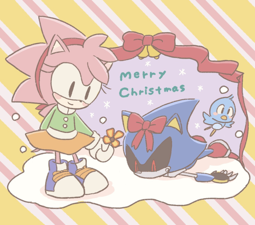 amy_rose anthro avian bird black_eyes blush blush_stickers bottomwear bow buke3jp christmas clothing coat duo english_text eulipotyphlan female flicky flower footwear fur handwear hedgehog holding_object holidays lying machine mammal metal_sonic mittens on_front pattern_background pink_fur plant red_eyes robot rosy_the_rascal shoes simple_background skirt smile snow sonic_(series) sonic_mania striped_background text topwear winter_clothing