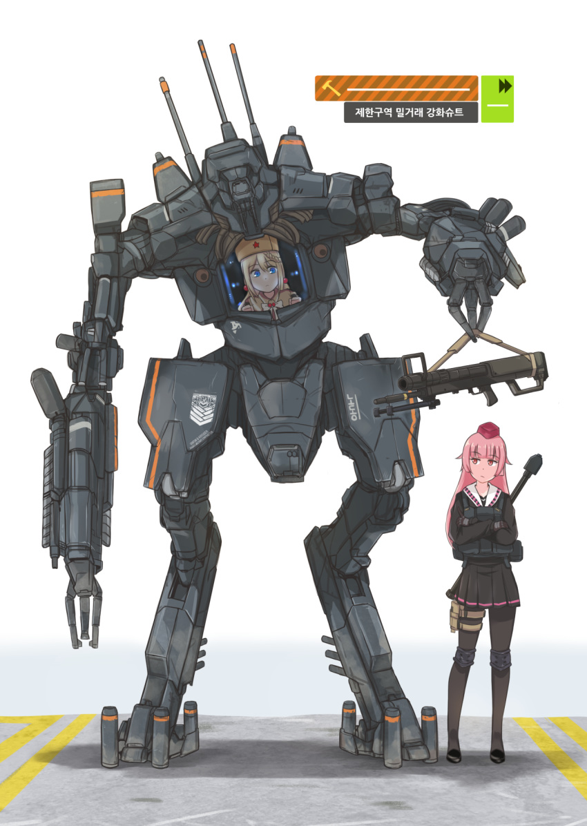 2girls anti-materiel_rifle blonde_hair blue_eyes district_9 fur_hat girls_frontline gun hat highres lifting mecha military multiple_girls ntw-20 ntw-20_(girls_frontline) pink_eyes pink_hair ppsh-41_(girls_frontline) rifle science_fiction selby sniper_rifle translation_request ushanka weapon