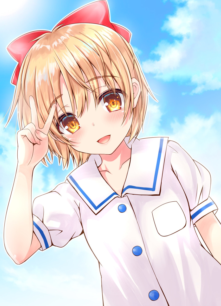 1girl :d arm_up bangs blonde_hair blue_sky blush bow brown_eyes cloud cloudy_sky collarbone collared_shirt commentary_request day dress_shirt dutch_angle eyebrows_visible_through_hair hair_between_eyes hair_bow highres hime-chan_no_ribbon nonohara_himeko open_mouth outdoors puffy_short_sleeves puffy_sleeves red_bow shaian shirt short_sleeves sky smile solo upper_body v white_shirt