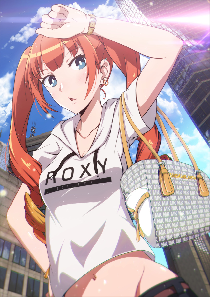 1girl alternate_costume arm_up bag blue_eyes blue_sky blush breasts building casual city cleavage collarbone day ear_piercing earrings highres jewelry looking_at_viewer navel orange_hair parted_lips piercing short_sleeves sky solo tom_(drpow) tsuujou_kougeki_ga_zentai_kougeki_de_ni-kai_kougeki_no_okaasan_wa_suki_desu_ka? twintails wise_(okasuki)