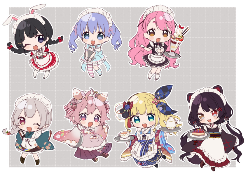 6+girls ;d aizono_manami animal_ears apron asymmetrical_legwear bangs black_footwear black_hair black_kimono blonde_hair blue_eyes blue_hair blue_hakama blue_kimono blue_skirt blush_stickers boots breasts brown_eyes brown_skirt checkered checkered_ribbon chibi cleavage cleavage_cutout cross-laced_footwear cup dog_ears dog_girl dog_tail dotted_line elf elu_(nijisanji) eyebrows_visible_through_hair frilled_apron frills green_eyes grey_background grey_hair hair_between_eyes hair_ribbon hakama heterochromia holding holding_tray inui_toko japanese_clothes kimono kneehighs lace-up_boots long_hair long_sleeves maid_apron maid_headdress medium_breasts mononobe_alice multiple_girls nijisanji one_eye_closed open_mouth pantyhose parfait pink_hair pink_kimono pleated_skirt pointy_ears puffy_short_sleeves puffy_sleeves purple_eyes purple_hakama red_eyes red_skirt ribbon saucer shirt short_eyebrows short_sleeves single_kneehigh single_thighhigh skirt sleeves_past_fingers sleeves_past_wrists smile striped striped_legwear tail tea teacup teapot thick_eyebrows thighhighs tray tsukino_mito twintails two-tone_background ushimi_ichigo very_long_hair virtual_youtuber wa_maid waist_apron white_apron white_background white_legwear white_shirt yamabukiiro yuuki_chihiro