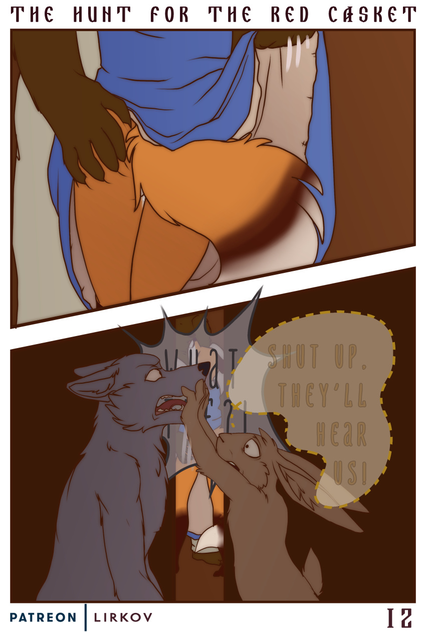 2019 absurd_res anthro brown_fur butt canid canine canis clothed clothing comic dialogue digital_media_(artwork) english_text female fox fur hare hi_res lagomorph leporid lirkov male mammal nude red_fox simple_background tan_fur text ursid wolf