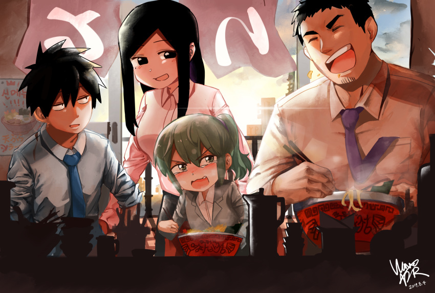 2boys 2girls black_eyes black_hair blue_neckwear blush bowl chopsticks closed_eyes crying crying_with_eyes_open dated facial_hair food formal green_hair grey_eyes grey_suit highres igarashi_futaba_(shiromanta) kazama_(shiromanta) long_hair multiple_boys multiple_girls necktie noodles open_mouth ponytail sakurai_(shiromanta) senpai_ga_uzai_kouhai_no_hanashi shirt sitting smile soba stubble suit takeda_harumi_(shiromanta) tears white_shirt