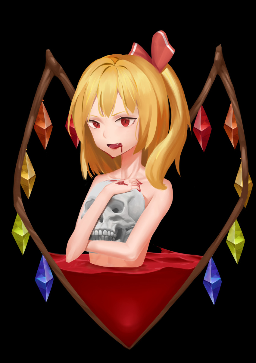 1girl absurdres bangs black_background blonde_hair blood blood_from_mouth collarbone commentary_request crystal fang flandre_scarlet hair_ribbon highres holding holding_skull long_hair looking_at_viewer no_hat no_headwear nude one_side_up open_mouth red_eyes red_ribbon ribbon simple_background skull solo touhou upper_body wings xian_yu_zhanshi