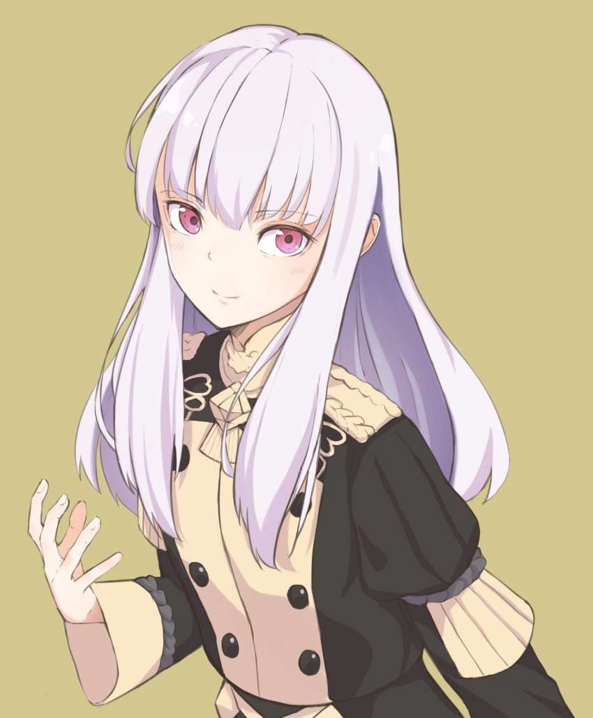 +5cm 1girl closed_mouth epaulettes fire_emblem fire_emblem:_three_houses highres long_hair long_sleeves lysithea_von_cordelia pink_eyes simple_background smile solo uniform upper_body white_hair yellow_background