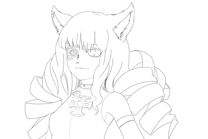 1girl animal_ears bare_shoulders cat_ears closed_mouth collar highres indioweeaboo long_hair red_eyes red_hair robotic_parts sketch smile stella_hoshii va-11_hall-a white_background