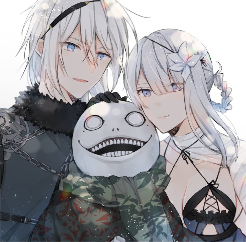 1girl 2boys bangs blue_eyes braid breasts chain closed_mouth emil_(nier) eyebrows_visible_through_hair eyes_visible_through_hair floral_print flower fur_trim green_scarf grey_eyes hair_between_eyes hair_flower hair_ornament hand_on_another's_head highres kaine_(nier) kurosawa_kazuto multiple_boys nier_(series) nier_(young) open_mouth parted_lips scarf simple_background smile teeth tied_hair white_background white_flower white_hair