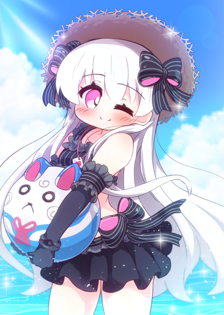 1girl ;) absurdres ball beachball bikini_top black_bikini_top black_bow black_gloves black_skirt blue_sky blush bow breasts brown_headwear closed_mouth cloud collarbone commentary_request day doll_joints elbow_gloves fate/extra fate/grand_order fate_(series) fou_(fate/grand_order) gloves hair_bow hat highres holding holding_ball long_hair nursery_rhyme_(fate/extra) ocean one_eye_closed outdoors pink_eyes pleated_skirt skirt sky small_breasts smile solo straw_hat striped striped_bow vertical-striped_bikini_top vertical_stripes very_long_hair water white_hair yuya090602