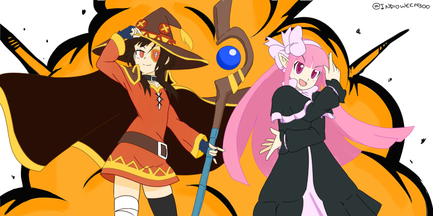 2girls absurdres disgaea explosion eyepatch hat highres kono_subarashii_sekai_ni_shukufuku_wo! long_hair mage_(disgaea) makai_senki_disgaea_5 megumin multiple_girls pink_hair pose red_mage white_background witch_hat