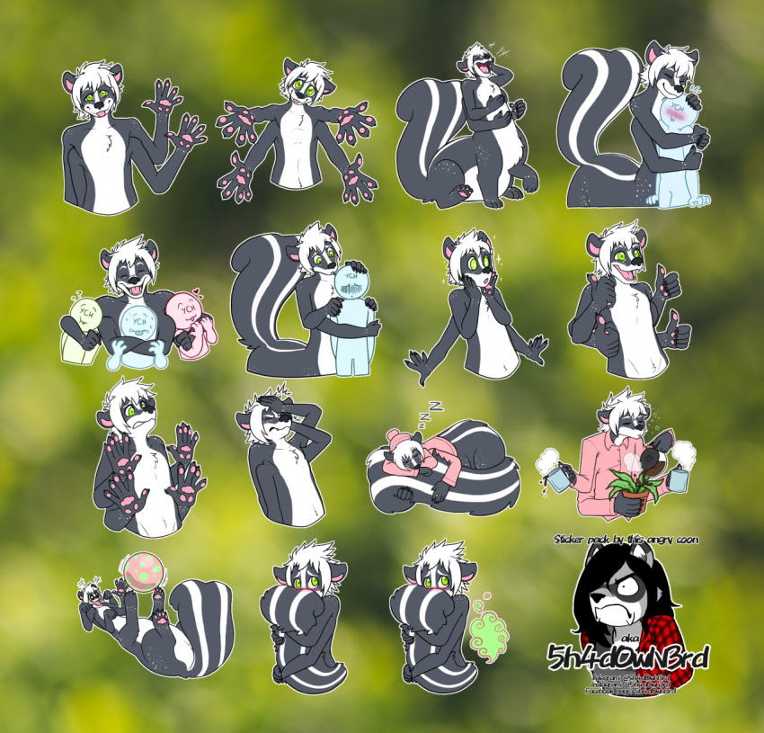 5h4d0wn3rd ball beverage clothing coffee cup facepalm gesture hi_res juniperskunktaur laugh male mammal mammal_taur mephitid mephitid_taur multi_arm multi_limb nude pawpads plant shirt skunk skunk_taur sleeping surprise tail_hug taur thumbs_up tongue tongue_out topwear waving