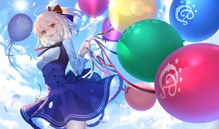 1girl absurdres ahoge artoria_pendragon_(all) bangs black_neckwear black_ribbon blonde_hair blouse blue_dress blue_sky blush breasts cloud cowboy_shot day dress fate/stay_night fate_(series) floating_hair green_eyes hair_between_eyes hair_ribbon highres holding_balloon long_hair long_sleeves looking_at_viewer neck_ribbon open_mouth outdoors pinafore_dress ponytail ribbon saber shinooji sidelocks sky smile solo white_blouse wind wind_lift