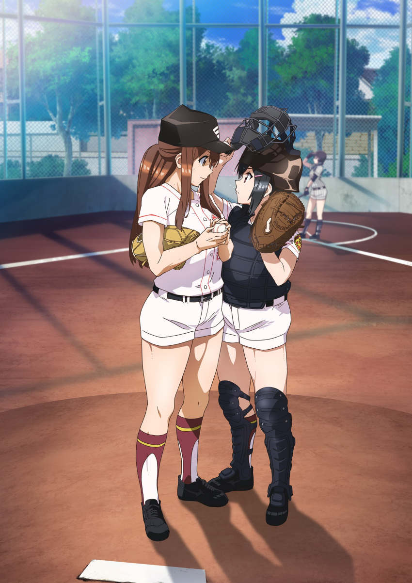 3girls absurdres ball baseball baseball_bat baseball_cap baseball_helmet baseball_jersey baseball_mitt baseball_uniform belt black_hair brown_eyes catcher character_request chest_protector clothes_writing cloud cloudy_sky day hair_ornament hairpin hat helmet highres holding holding_ball long_hair looking_at_another multiple_girls official_art outdoors ponytail shin_guards short_hair shorts sidelocks sky socks sportswear sweat tamayomi tree