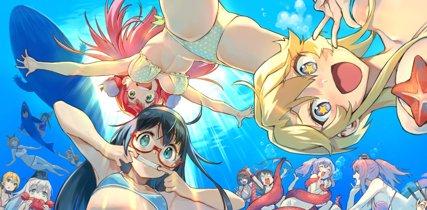 6+girls absurdres air_bubble akashi_(kantai_collection) alternate_costume ass bikini black_hair blonde_hair blue_eyes breasts brown_hair bubble closed_eyes commentary_request consensual_tentacles crab diving eating eyebrows_visible_through_hair from_below garrison_cap glasses green_eyes hair_between_eyes hair_ribbon hairband hat highres huge_filesize hyuuga_(kantai_collection) i-19_(kantai_collection) iowa_(kantai_collection) ise_(kantai_collection) kantai_collection kashima_(kantai_collection) large_breasts long_hair looking_at_viewer mouth_pull multiple_girls mutsu_(kantai_collection) nagato_(kantai_collection) nonco nude ocean ooyodo_(kantai_collection) paintbrush pink_hair pola_(kantai_collection) polka_dot polka_dot_bikini ponytail prinz_eugen_(kantai_collection) restrained ribbon saratoga_(kantai_collection) semi-rimless_eyewear shark shell shell_bikini side-tie_bikini sidelocks small_breasts smokestack_hair_ornament star star-shaped_pupils starfish string_bikini submerged swimming swimsuit symbol-shaped_pupils tentacles tress_ribbon twintails u-511_(kantai_collection) under-rim_eyewear underwater v water wavy_mouth white_hair