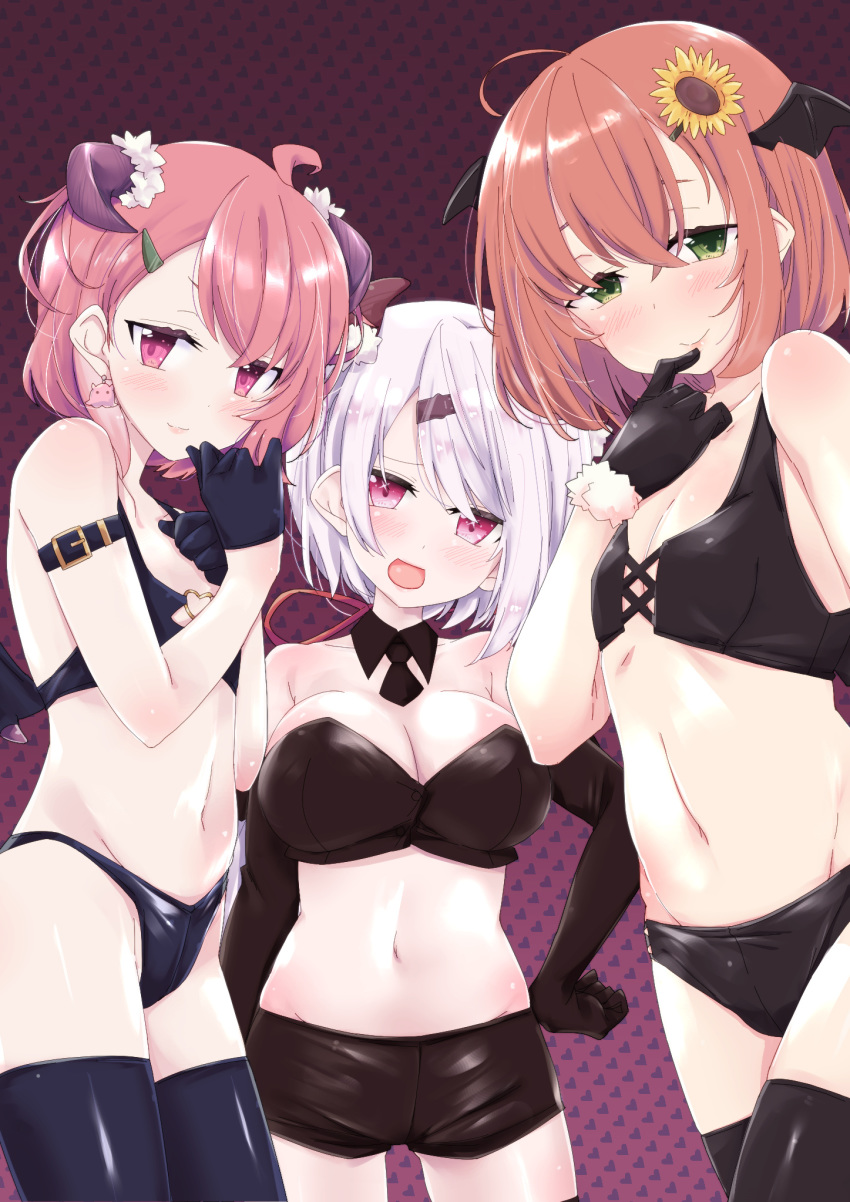 3girls ahoge arm_at_side arm_belt bangs bikini black_bikini black_clothes black_gloves black_legwear black_neckwear black_shorts blush breasts buttons cleavage cross-laced_top demon_wings detached_collar dot_nose earrings elbow_gloves finger_to_mouth flat_chest flower gloves green_eyes hair_behind_ear hair_flower hair_ornament hairclip half-closed_eyes hand_on_hip head_tilt head_wings heart heart_background highres honma_himawari horns huge_breasts itou_ayachi jewelry leather_bikini lips looking_at_viewer medium_hair midriff mini_necktie multiple_girls navel nijisanji patterned_background pink_eyes pink_hair purple_background sasaki_saku shiina_yuika short_hair short_shorts shorts simple_background small_breasts stomach strapless sunflower_hair_ornament swimsuit thighhighs tubetop white_hair wings