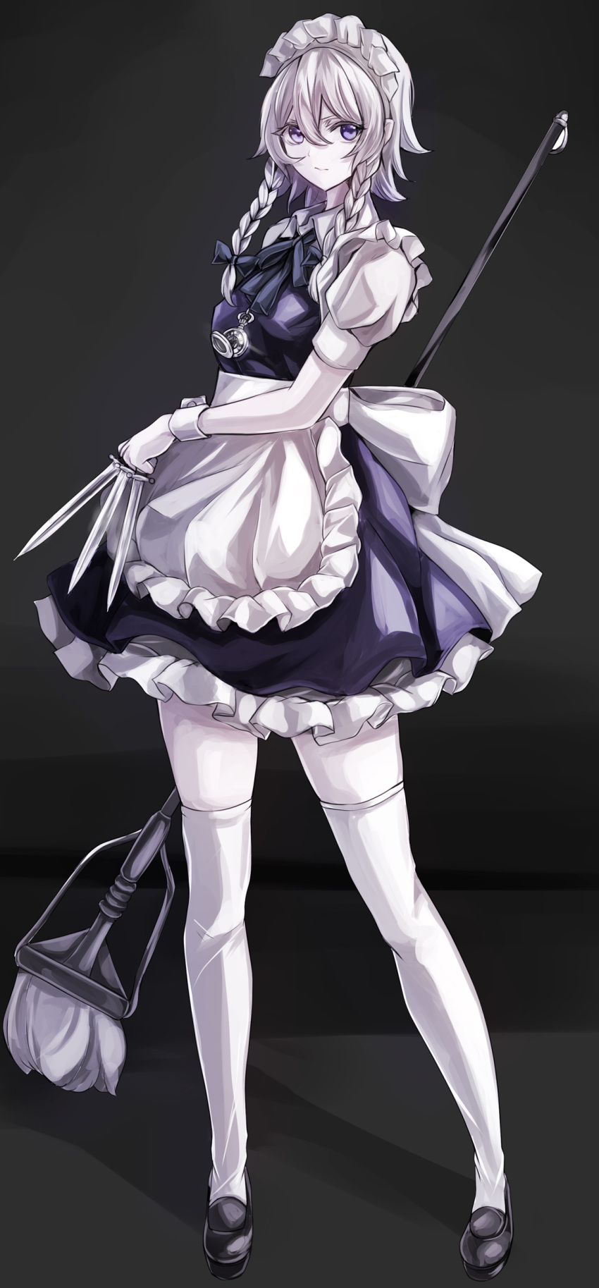 1girl absurdres apron bangs bare_legs black_footwear blue_dress blue_eyes bobby_socks bow braid breasts commentary_request dress frilled_apron frills full_body grey_background grey_bow grey_neckwear grey_ribbon hair_between_eyes hair_bow highres holding holding_knife holding_mop holding_weapon izayoi_sakuya jan_(lightdragoon) knife knives_between_fingers looking_at_viewer maid maid_apron maid_headdress mary_janes medium_breasts mop neck_ribbon petticoat pocket_watch puffy_short_sleeves puffy_sleeves revision ribbon shadow shirt shoes short_dress short_hair short_sleeves silver_hair socks solo standing thighs touhou twin_braids waist_apron watch weapon white_apron white_legwear white_shirt wing_collar wrist_cuffs