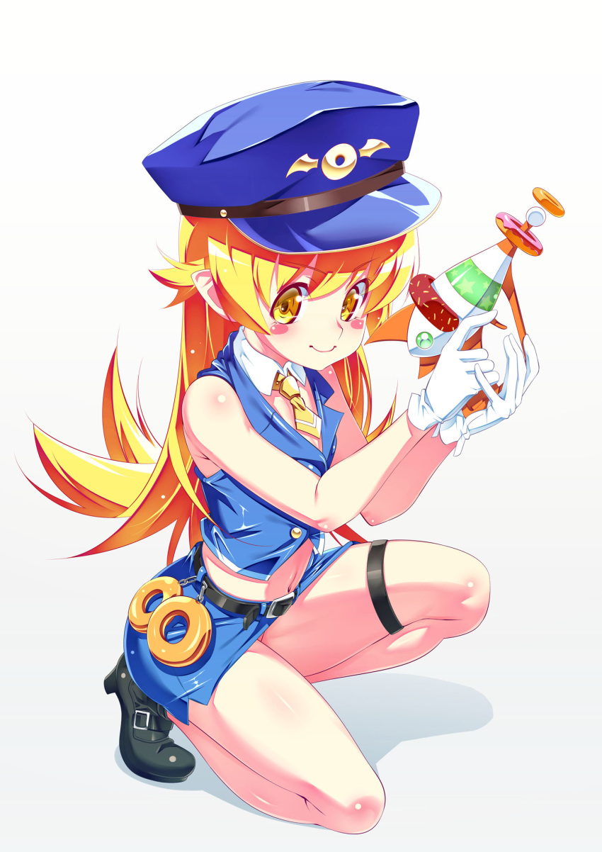 1girl bangs blonde_hair blush_stickers cuffs detached_collar doughnut eyebrows_visible_through_hair food gun handcuffs hat highres holding holding_gun holding_weapon kneeling long_hair looking_at_viewer midriff monogatari_(series) navel oshino_shinobu pointy_ears police police_uniform skirt sleeveless smile solo tanabe_kyou uniform uniform_vest weapon white_background yellow_eyes