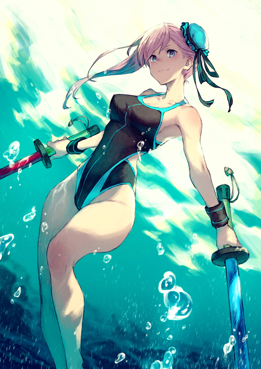 1girl bangs bare_shoulders black_swimsuit blue_swimsuit breasts bubble bun_cover collarbone fate/grand_order fate_(series) floating_hair freediving hair_bun hair_ribbon highleg highleg_swimsuit highres kusano_shinta large_breasts long_hair looking_at_viewer miyamoto_musashi_(fate/grand_order) one-piece_swimsuit pink_hair purple_eyes ribbon smile solo swimming swimsuit thighs toy_sword two-tone_swimsuit underwater wristband