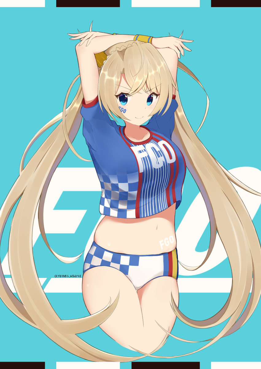 1girl absurdres arms_behind_head arms_up bangs bikini_bottom blonde_hair blue_background blue_eyes blue_shirt blush body_writing bradamante_(fate/grand_order) braid breasts checkered checkered_panties checkered_shirt closed_mouth clothes_writing copyright_name crown_braid fate/grand_order fate_(series) hair_between_eyes heroic_spirit_chaldea_park_outfit highres large_breasts long_hair looking_at_viewer midriff navel panties shirt short_sleeves simple_background smile solo thighs twintails underwear very_long_hair yomogi_uehara