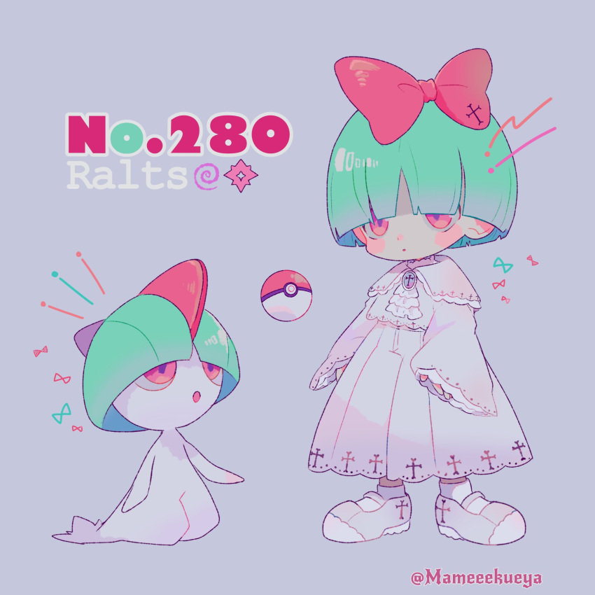 1girl bangs bow character_name creature_and_personification cross dress frills full_body gen_3_pokemon green_hair grey_background hair_bow highres long_sleeves mameeekueya number open_mouth personification poke_ball poke_ball_(generic) pokemon pokemon_(creature) pokemon_number ralts red_bow red_eyes shoes short_hair simple_background sleeves_past_wrists standing twitter_username white_dress white_footwear