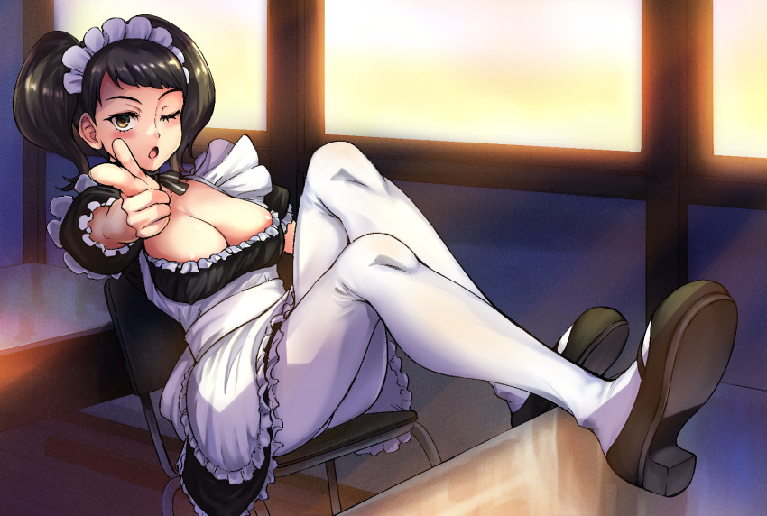 1girl ;o apron bow breasts brown_hair chair cleavage coupe50 dress finger_gun frilled_dress frills half-closed_eyes highres indoors kawakami_sadayo looking_at_viewer maid maid_apron maid_headdress medium_breasts one_eye_closed persona persona_5 pointing pointing_at_viewer short_sleeves sitting solo textless thighhighs twintails white_legwear yellow_eyes