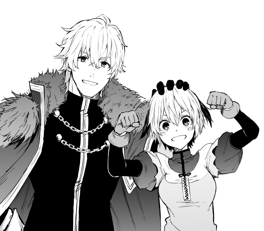 1boy 1girl absurdres blush_stickers brother_and_sister cape fate/grand_order fate_(series) fist_pump fur-trimmed_cape fur_trim gareth_(fate/grand_order) gawain_(fate/extra) greyscale grin hair_flaps highres monochrome petting puffy_sleeves siblings smile tsukamoto_minori white_background