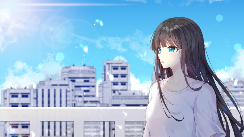 1girl bangs blue_eyes blue_sky blurry blurry_background blush breasts brown_hair building cityscape cloud commentary_request commission day depth_of_field eyebrows_visible_through_hair highres long_hair looking_away miyo_(user_zdsp7735) original outdoors parted_lips railing shirt short_sleeves sky small_breasts solo very_long_hair white_shirt