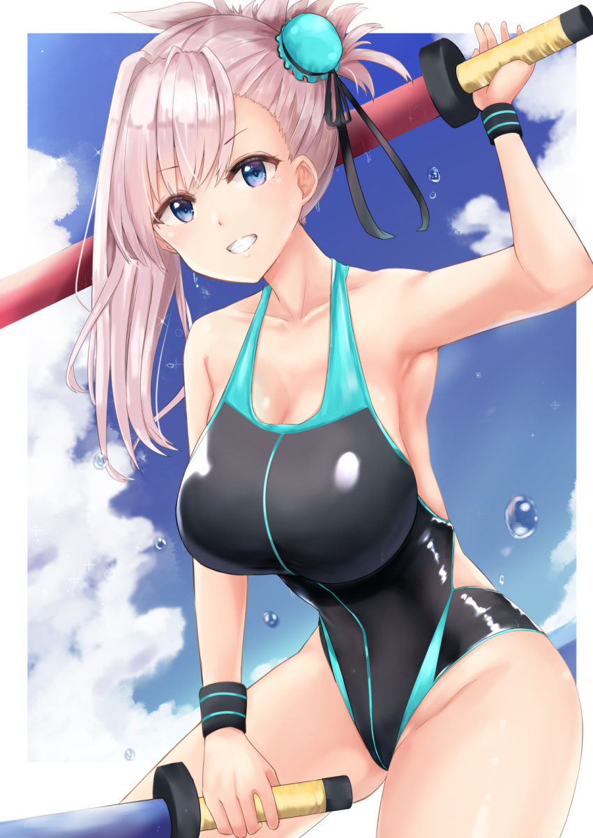 1girl bangs bare_shoulders black_ribbon black_swimsuit blue_eyes blue_sky blue_swimsuit blush breasts bun_cover collarbone fate/grand_order fate_(series) grin hair_bun hair_ribbon highleg highleg_swimsuit highres large_breasts long_hair looking_at_viewer miyamoto_musashi_(fate/grand_order) neneru one-piece_swimsuit pink_hair ponytail ribbon sky smile solo swimsuit toy_sword two-tone_swimsuit wet wristband