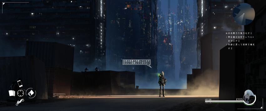 1girl 3others absurdres asuteroid bad_id bad_twitter_id black_jacket black_legwear black_shorts boots building city city_lights cityscape commentary container cyberpunk expressionless fake_screenshot fog gameplay_mechanics glowing glowing_eyes green_eyes gun hair_between_eyes heads-up_display health_bar highres holding holding_gun holding_weapon hood iz_(asuteroid) jacket knee_boots long_hair long_sleeves multiple_others neon_trim night open_clothes open_jacket original outdoors science_fiction shadow shipping_container shirt shorts skyscraper solo_focus speech_bubble standing thighhighs translated user_interface weapon white_hair white_shirt wide_shot