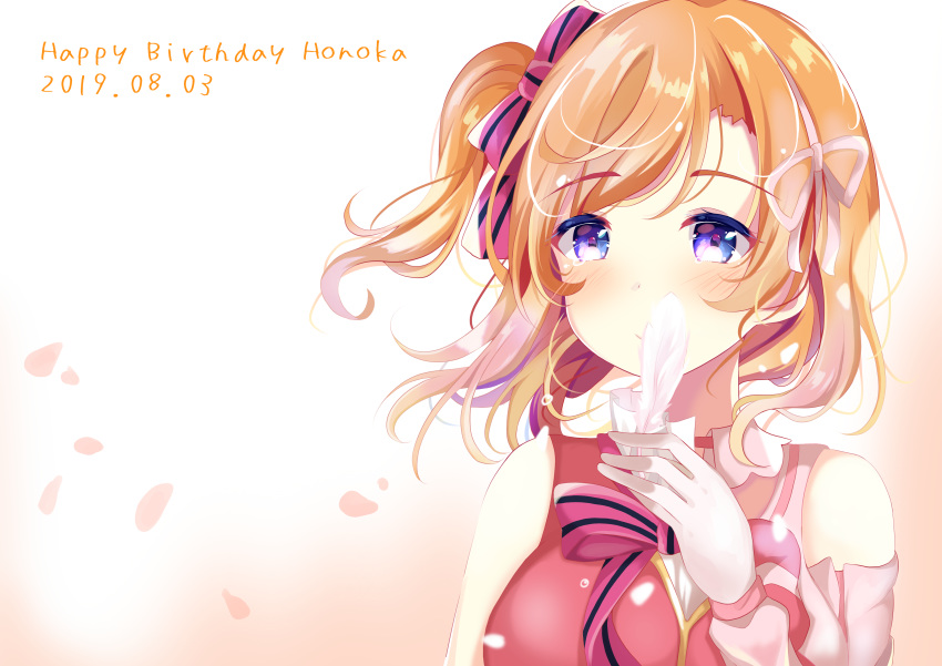 1girl absurdres bangs birthday blue_eyes bokutachi_wa_hitotsu_no_hikari character_name commentary_request dated depe detached_sleeves dual_persona english_text eyebrows_visible_through_hair feathers hair_ribbon happy_birthday highres holding_feather kousaka_honoka looking_at_viewer love_live! love_live!_school_idol_project medium_hair one_side_up orange_hair petals ribbon sidelocks sleeveless solo split_theme start:dash!! upper_body white_feathers