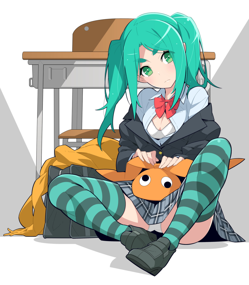 1girl aqua_hair bag blush bra breasts chair cleavage desk green_eyes highres monogatari_(series) ononoki_yotsugi open_clothes open_shirt panties pantyshot pantyshot_(sitting) plaid plaid_skirt school_bag school_chair school_desk school_uniform sitting skirt small_breasts spread_legs striped striped_legwear twintails underwear white_bra white_panties yamanami_kousuke