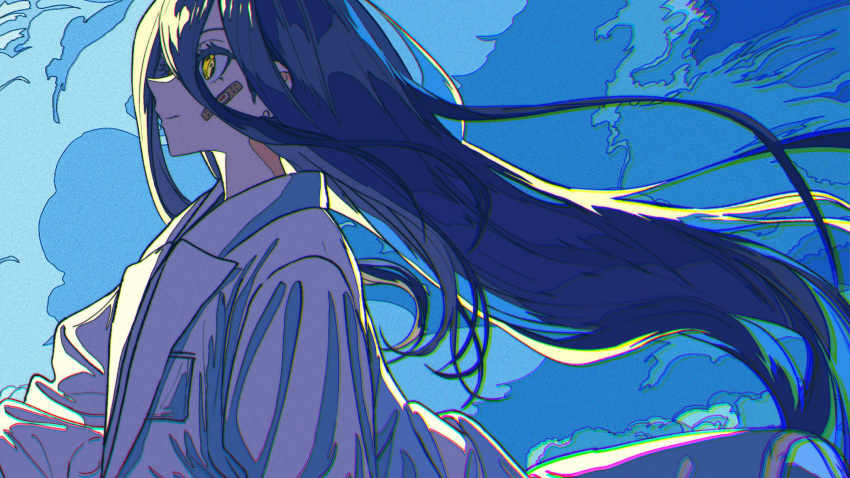 1girl bandaid_on_cheek bangs black_hair blue_sky closed_mouth cloud cloudy_sky day eyebrows_behind_hair floating_hair from_side hair_between_eyes highres jacket kogecha_(coge_ch) long_hair looking_away original outdoors sky solo upper_body very_long_hair white_jacket yellow_eyes