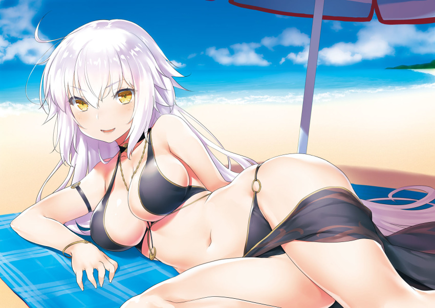 1girl 47agdragon :d ahoge bangs bare_shoulders beach bikini black_bikini blue_sky blush breasts cleavage cloud collarbone commentary_request day eyebrows_visible_through_hair fate/grand_order fate_(series) hair_between_eyes heroic_spirit_chaldea_park_outfit highres jeanne_d'arc_(alter)_(fate) jeanne_d'arc_(fate)_(all) jewelry large_breasts long_hair looking_at_viewer navel necklace ocean open_mouth outdoors sand sarong sidelocks silver_hair sky smile solo swimsuit thighs very_long_hair water yellow_eyes