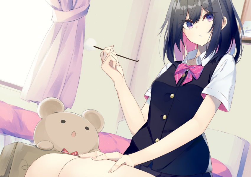 1girl bangs bed black_hair black_skirt black_vest bow breasts collared_shirt commentary_request curtains day dress_shirt dutch_angle eyebrows_visible_through_hair fingernails hair_between_eyes hand_on_own_thigh hand_up head_tilt holding indoors kavka looking_at_viewer mimikaki multicolored_hair original parted_lips pink_hair pleated_skirt purple_eyes red_bow shirt short_sleeves skirt small_breasts solo stuffed_animal stuffed_toy sunlight teddy_bear two-tone_hair vest white_shirt wings