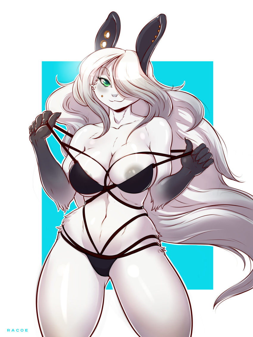 absurd_res anthro breasts clothing female hare hi_res lagomorph leporid mammal maya nipples piercing pinup pose rabbit racoe solo swimwear