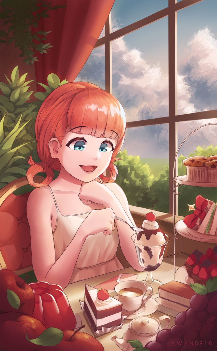 1girl absurdres annette_fantine_dominique apple artist_name awan0918 biscuit blue_eyes bow cake cup curtains fire_emblem fire_emblem:_three_houses food fruit highres ice_cream leaf low_twintails open_mouth orange_hair sandwich sitting solo tea tea_party teacup teapot twintails window