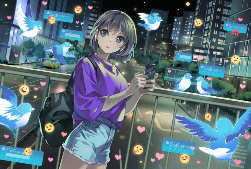 1girl bag bangs bf._(sogogiching) bird brown_hair bus cellphone city commentary_request cowboy_shot cutoffs dutch_angle earphones emoji green_eyes ground_vehicle heart holding looking_back motor_vehicle night original phone railing short_hair shorts smartphone solo