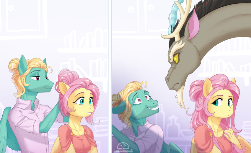 2019 anthro anthrofied brother brother_and_sister comic discord_(mlp) draconequus equid equine five_o'clock_shadow fluttershy_(mlp) friendship_is_magic ladychimaera mammal my_little_pony protective pterippus scared sibling sister wings zephyr_breeze_(mlp)