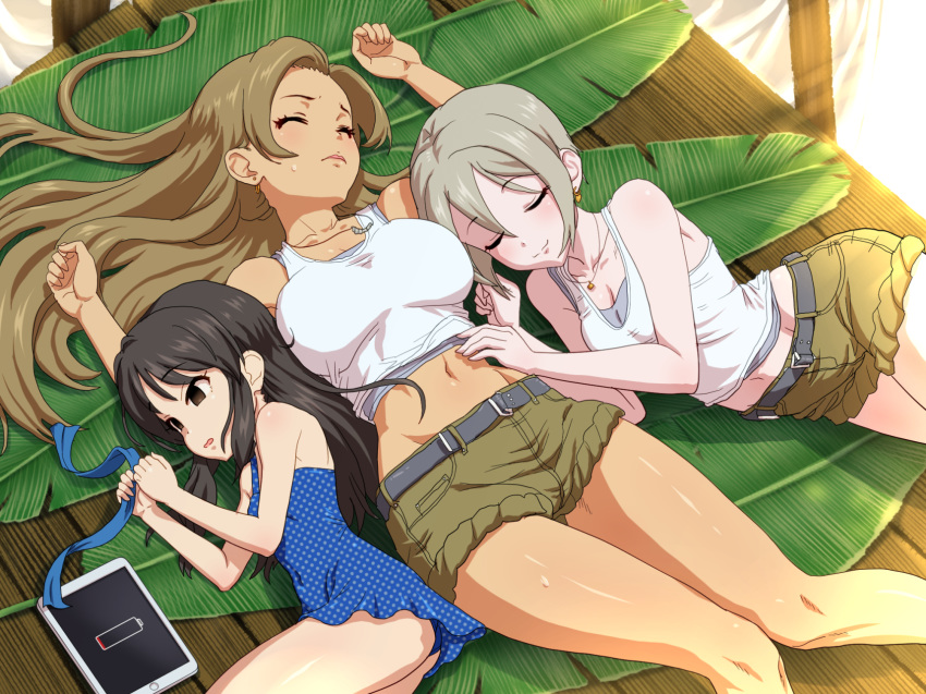 3girls bangs belt black_belt black_hair blue_ribbon blue_swimsuit blush breasts brown_eyes brown_hair brown_shorts cleavage closed_mouth collarbone commentary_request day earrings empty_eyes eyebrows_visible_through_hair grey_hair heart heart_earrings highres idolmaster idolmaster_cinderella_girls idolmaster_cinderella_girls_starlight_stage jewelry kezune_(i-_-i) large_breasts leaf long_hair lying matsunaga_ryou multiple_girls navel necklace on_back on_side one-piece_swimsuit outdoors polka_dot polka_dot_swimsuit ribbon ribbon_removed shiomi_shuuko short_hair shorts sleeping smile swimsuit tablet_pc tachibana_arisu white_tank_top