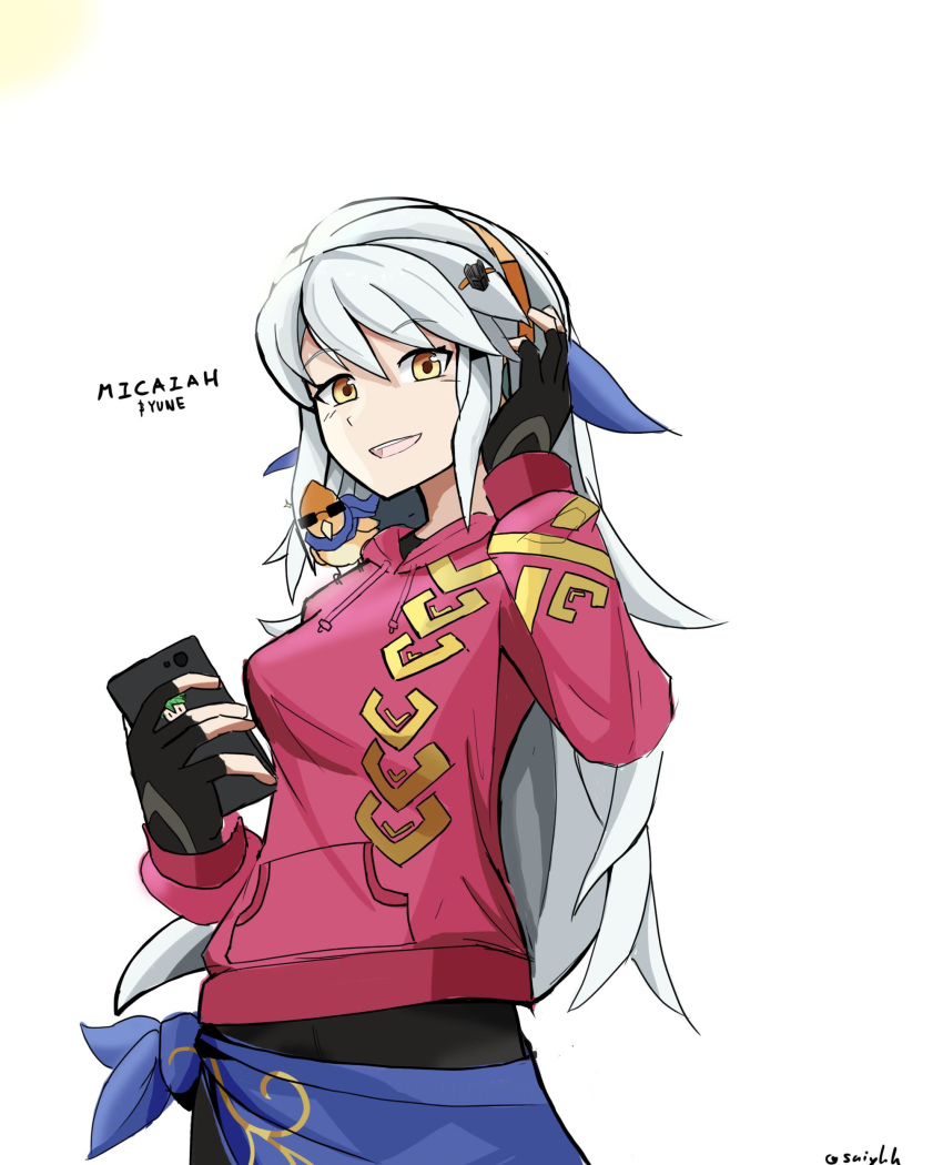 absurdres alternate_costume bangs bird black_gloves black_knight_(fire_emblem) blue_scarf breasts cellphone character_name fingerless_gloves fire_emblem fire_emblem:_radiant_dawn fire_emblem_heroes gloves hair_ornament hair_ribbon hairclip hand_on_ear headphones highres hood hoodie light long_hair looking_at_viewer medium_breasts micaiah phone ribbon saiykik sarong scarf sidelocks signature silver_hair simple_background smartphone smile sothe star sun sunglasses undershirt white_background yellow_eyes yune