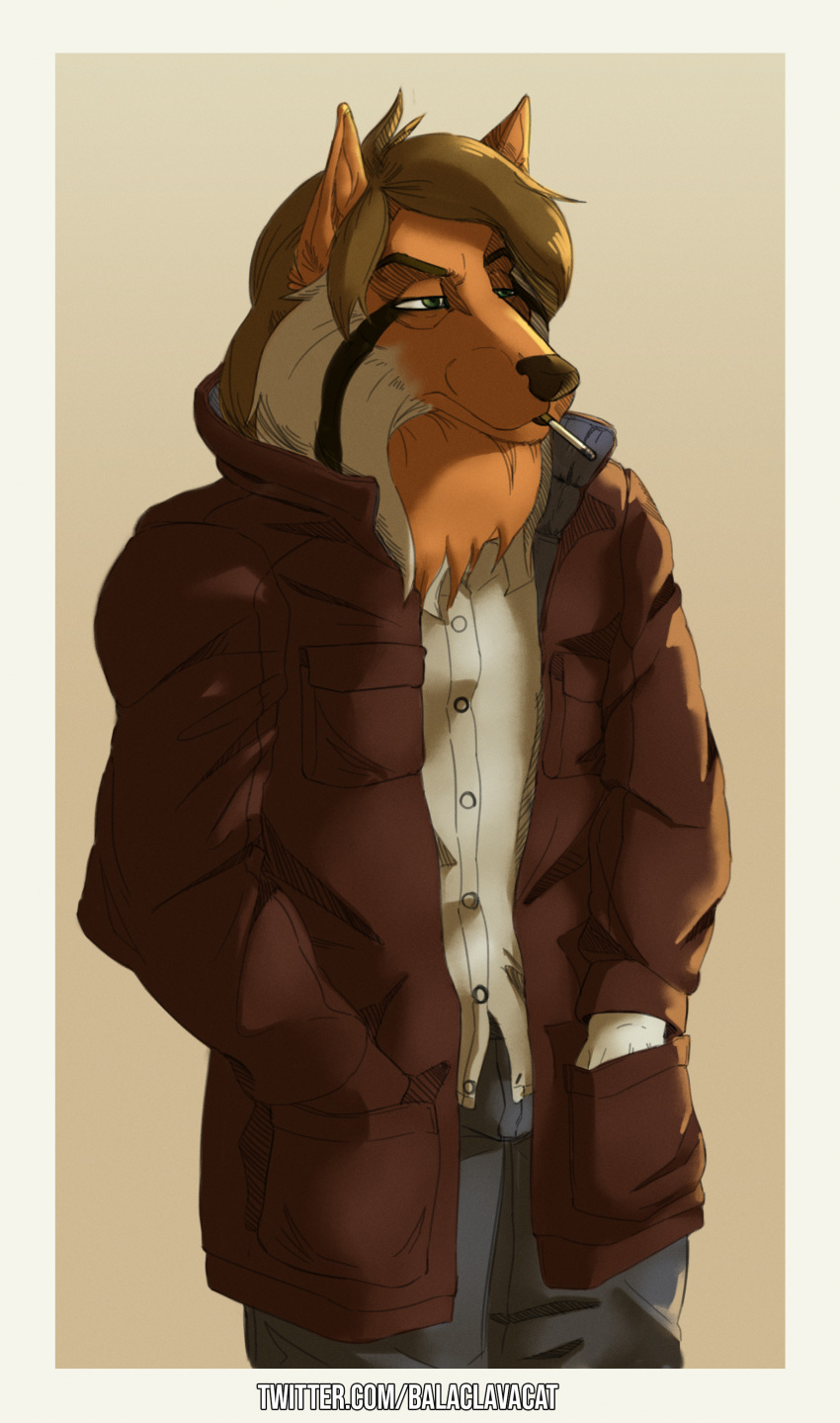 2019 absurd_res anthro balaclavacat biped canid canine canis cel_shading cigarette clothed clothing collie detective digital_media_(artwork) domestic_dog facial_hair fur hair herding_dog hi_res male mammal noir pastoral_dog rough_collie sheepdog simple_background simple_shading solo standing trenchcoat url vintage